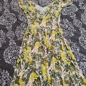 Tropical Floral Midi Dress in Yellow and Green